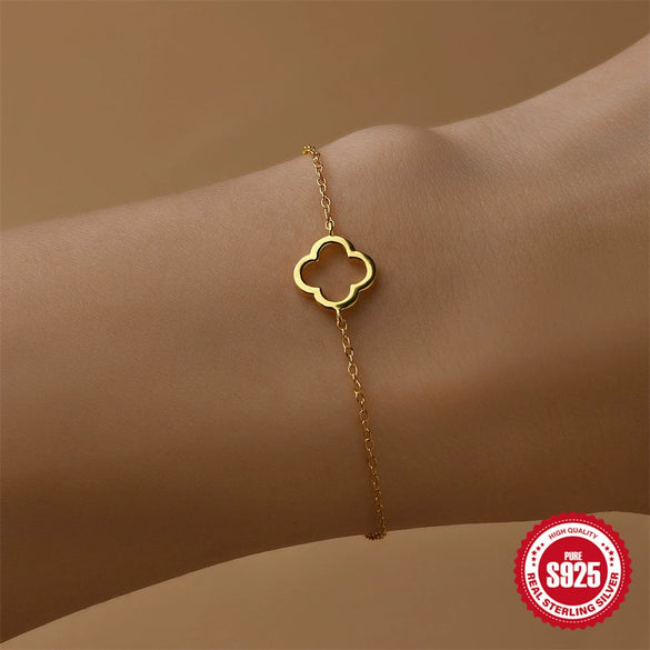 Wholesale S925 Sterling Silver Fourleaf Clover Hollow Minimalist Women's Bracelet With Real Gold Electroplating