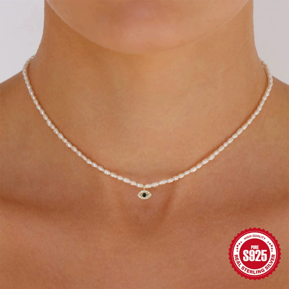 Wholesale S925 Sterling Silver French Millet Pearl Choker With Devil's Eye Diamond For Ladies O Chain Geometric Style Electroplated