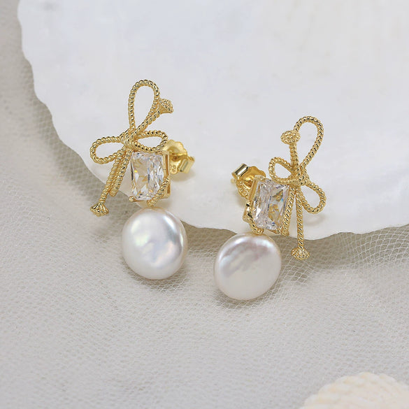 Wholesale S925 Sterling Silver Freshwater Pearl Knot Earrings Simple Natural Style