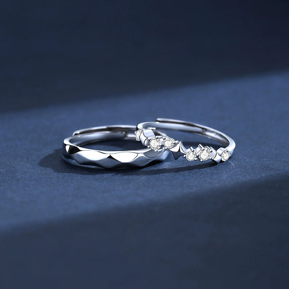 Wholesale S925 Sterling Silver Galaxy Open Couple Ring With Star And Rhombus Patterns And Diamond Design