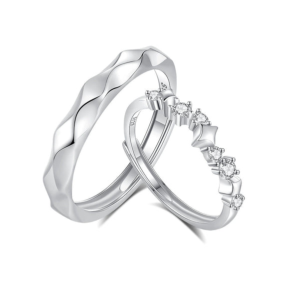 Wholesale S925 Sterling Silver Galaxy Open Couple Ring With Star And Rhombus Patterns And Diamond Design