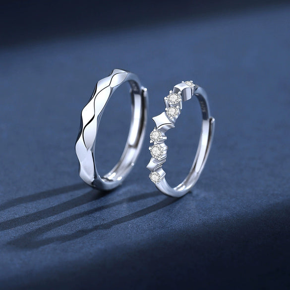 Wholesale S925 Sterling Silver Galaxy Open Couple Ring With Star And Rhombus Patterns And Diamond Design