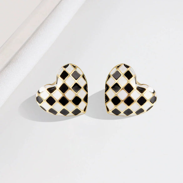 Wholesale S925 Sterling Silver Geometric Black And White Chessboard Grid Drop Earrings With Electroplating Lovely Retro Style For Girls