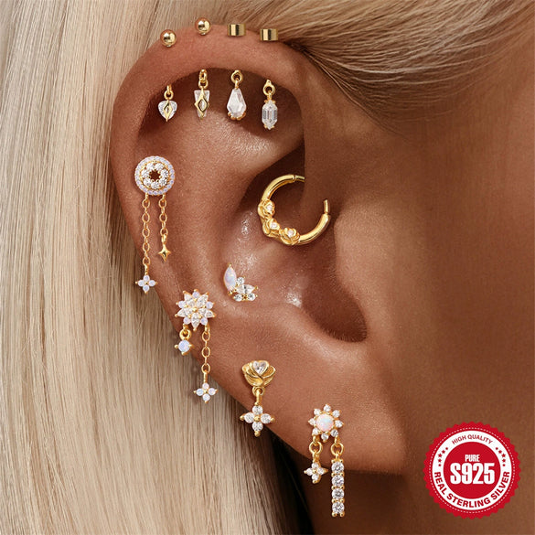 Wholesale S925 Sterling Silver Geometric Blue Pointed Bottom Opal Pink Opal Flower Sunflower Element Piercing Earrings With Electroplating For Women