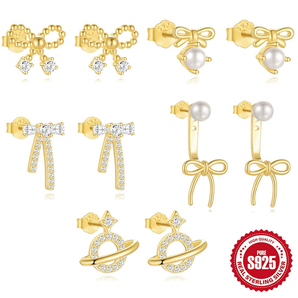 Wholesale S925 Sterling Silver Geometric Bow Earrings For Women With Electroplating And Shining Planet Design