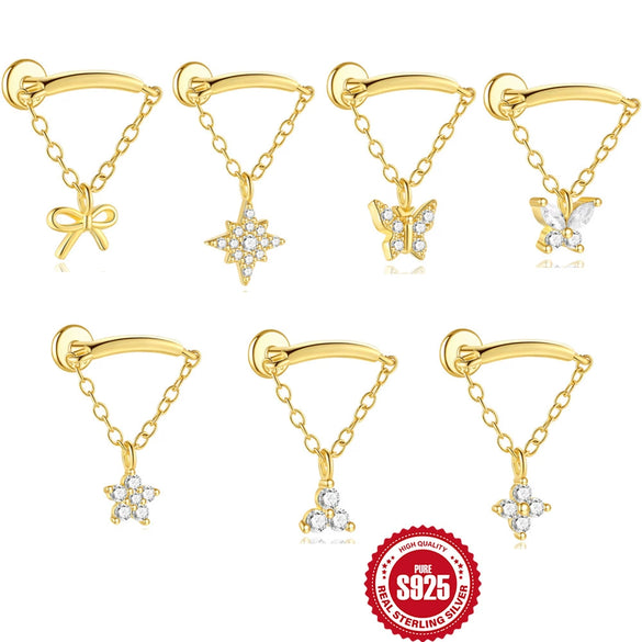 Wholesale S925 Sterling Silver Geometric Bow Tassel Chain Flat Head Thread Puncture Ear Nail Earrings With Environmentally Friendly Plating