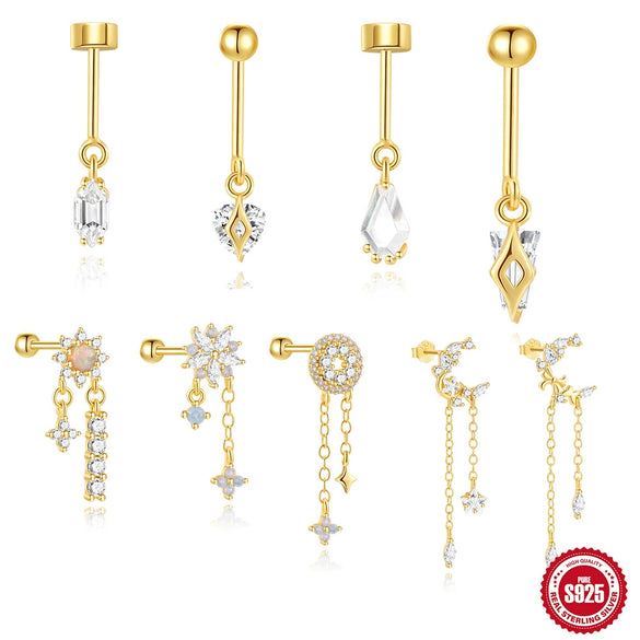 Wholesale S925 Sterling Silver Geometric Butterfly Star Moon Sunflower Zirconia Cartilage Spiral Tassel Piercing Earrings For Unisex