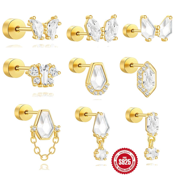 Wholesale S925 Sterling Silver Geometric Butterfly Zircon Flat Head Cylindrical Thread Piercing Ear Bone Nail With Environmentally Friendly Electroplating