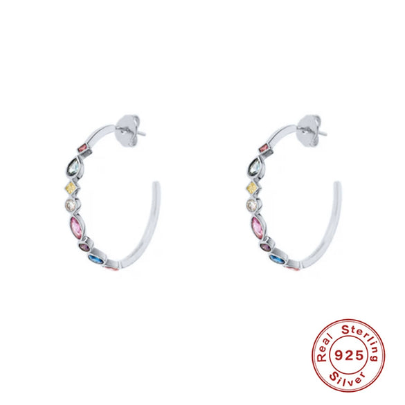 Wholesale S925 Sterling Silver Geometric C Shaped Multicolored Diamond Earrings With Electroplating