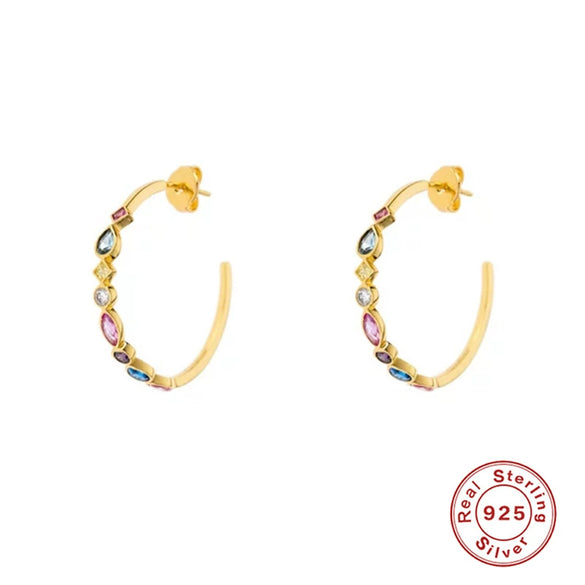 Wholesale S925 Sterling Silver Geometric C Shaped Multicolored Diamond Earrings With Electroplating