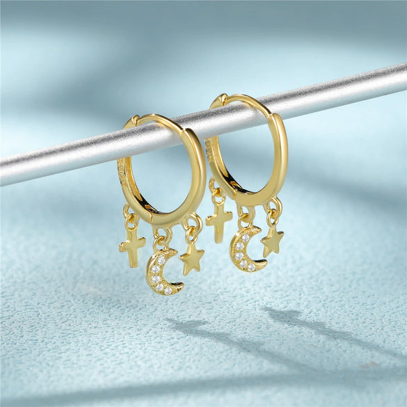 Wholesale S925 Sterling Silver Geometric Cross Star Moon Zirconia Earrings Unisex Fashion Style