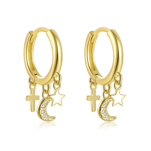 Wholesale S925 Sterling Silver Geometric Cross Star Moon Zirconia Earrings Unisex Fashion Style