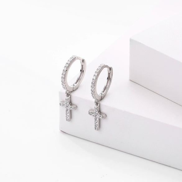 Wholesale S925 Sterling Silver Geometric Cross With Zircon Light Luxury Women's Ear Buckle Earrings