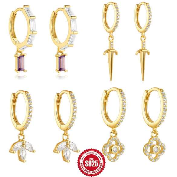 Wholesale S925 Sterling Silver Geometric Dagger Flower Zircon Electroplated Women's Earrings