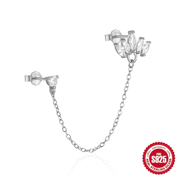Wholesale S925 Sterling Silver Geometric Double Earrings With Pearl Chain Tassel And Slim Ear Wire For Women