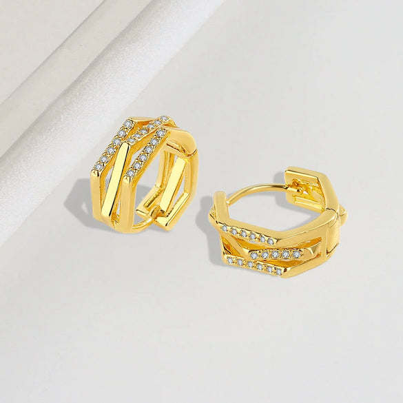 Wholesale S925 Sterling Silver Geometric Double Layer Ear Buckle Earrings With Diamond Inlay And Electroplating