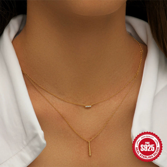 Wholesale S925 Sterling Silver Geometric Double Layer Long Necklace With Round Balls And Electroplating Treatment