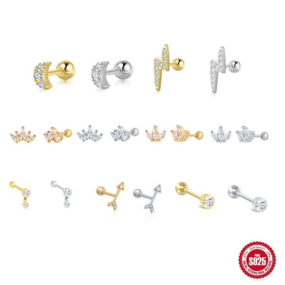Wholesale S925 Sterling Silver Geometric Ear Bone Stud Earrings With Crown Lightning Love Arrow Design And Inlaid Zircon