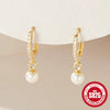 Wholesale S925 Sterling Silver Geometric Ear Ring With Pearl Eardrop And Zirconia Treatment