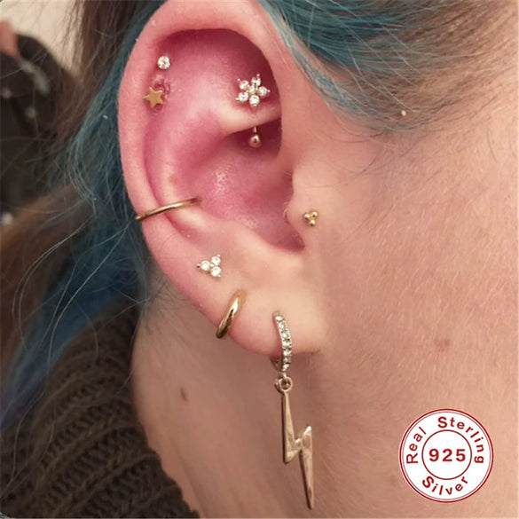 Wholesale S925 Sterling Silver Geometric Earring With Hook Rear Hanging Perforated Ear Bone Nail Eyebrow Nail And Auricle Ear Nail Electroplated For Women Street Style