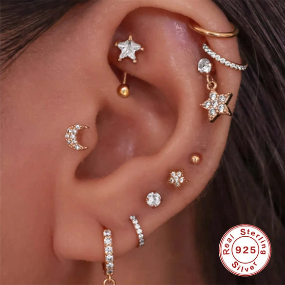 Wholesale S925 Sterling Silver Geometric Earring With Hook Rear Hanging Perforated Ear Bone Nail Eyebrow Nail And Auricle Ear Nail Electroplated For Women Street Style