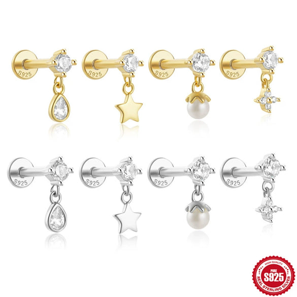 Wholesale S925 Sterling Silver Geometric Five Pointed Star Pearl Ear Bone Nail With Flower Pattern Electroplated For Women