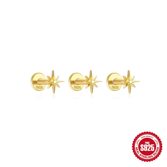 Wholesale S925 Sterling Silver Geometric Flat Bottom Puncture Thread Perforated Ear Bone Nail Earrings Three Piece Set With Environmentally Friendly Plating