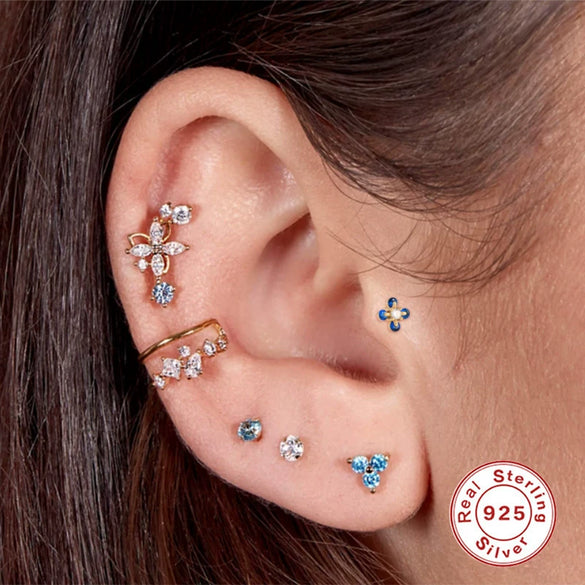 Wholesale S925 Sterling Silver Geometric Flower Flat Head Thread Puncture Earrings With Environmentally Friendly Electroplating For Women