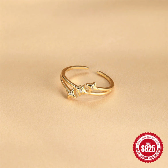 Wholesale S925 Sterling Silver Geometric Fourstar Open Finger Ring With Zirconia Treatment Luxury Exquisite Niche Design