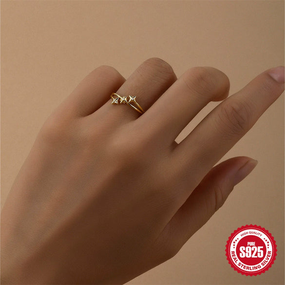 Wholesale S925 Sterling Silver Geometric Fourstar Open Finger Ring With Zirconia Treatment Luxury Exquisite Niche Design