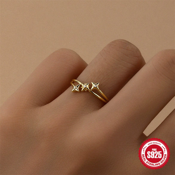 Wholesale S925 Sterling Silver Geometric Fourstar Open Finger Ring With Zirconia Treatment Luxury Exquisite Niche Design