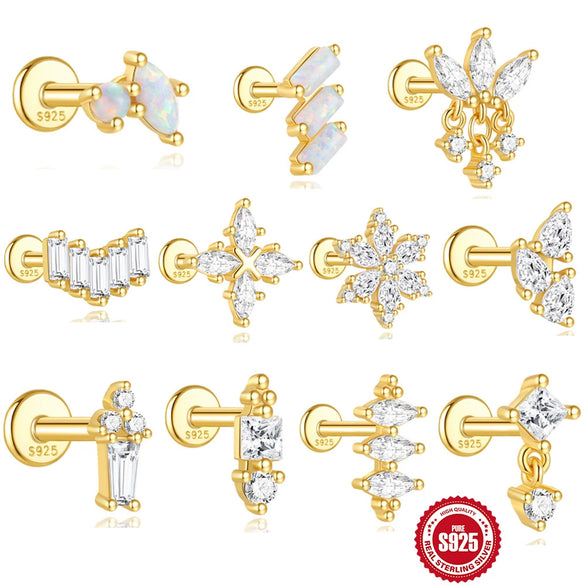 Wholesale S925 Sterling Silver Geometric Horse Eye Aobao Flat Head Thread Puncture Ear Nail With Diamond Encrusted And Environmentally Friendly Electroplating Ear Jewelry