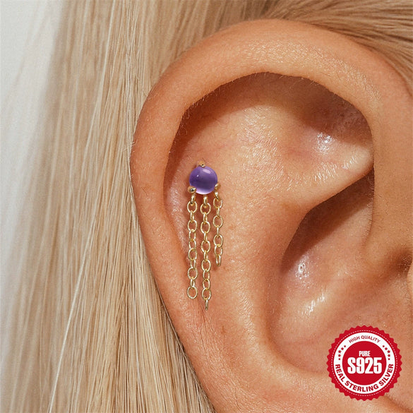 Wholesale S925 Sterling Silver Geometric Inlaid Natural High End Amethyst Tassel Piercing Earrings And Ear Bone Nails With Electroplating