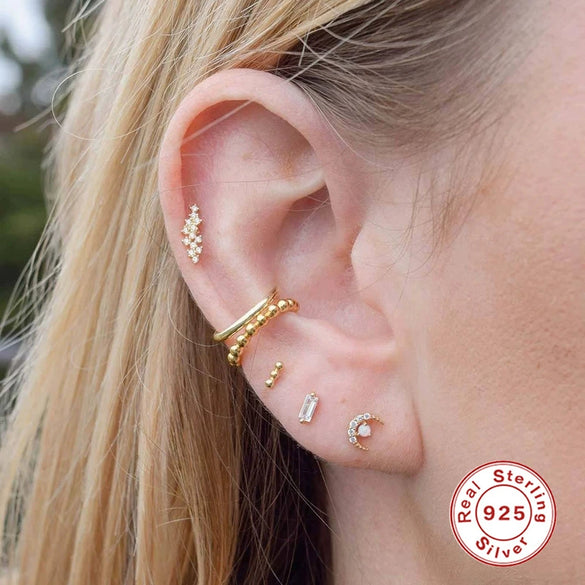 Wholesale S925 Sterling Silver Geometric Irregular Single Row Diamond Piercing Thread Ear Nail Mini Auricle Earrings With Environmental Protection Electroplating