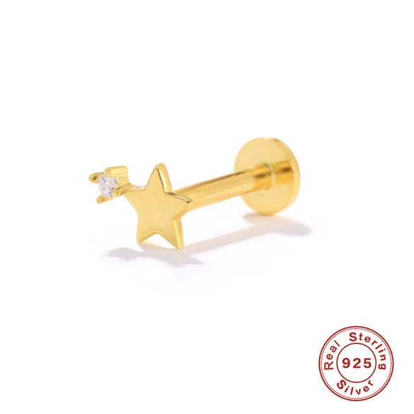 Wholesale S925 Sterling Silver Geometric Lightning Star Moon Embedded Flat Head Internal Thread Electroplated Women's Cartilage Ear Stud Earrings