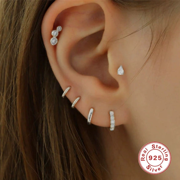Wholesale S925 Sterling Silver Geometric Lightning Star Moon Embedded Flat Head Internal Thread Electroplated Women's Cartilage Ear Stud Earrings
