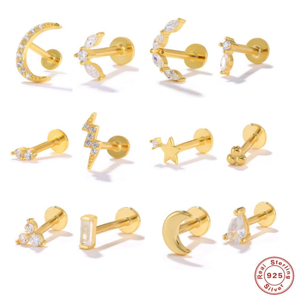 Wholesale S925 Sterling Silver Geometric Lightning Star Moon Embedded Flat Head Internal Thread Electroplated Women's Cartilage Ear Stud Earrings