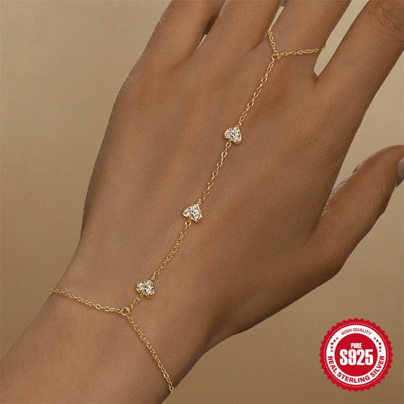 Wholesale S925 Sterling Silver Geometric Love Diamond Ring Chain Bracelet With Electroplating And Real Gold Plating