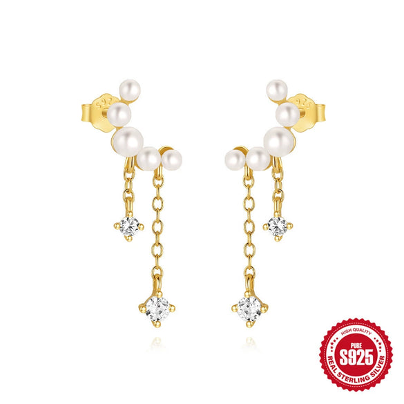 Wholesale S925 Sterling Silver Geometric Love Moon Diamond Elegant Long Tassel Pearl Chain Earrings For Women With Electroplating