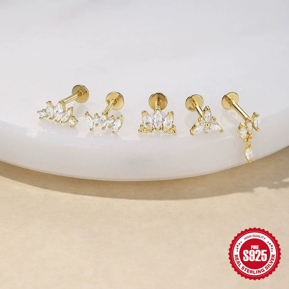 Wholesale S925 Sterling Silver Geometric Marquise Opal Diamondencrusted Unisex Threaded Piercing Earrings With Environmentally Friendly Electroplating