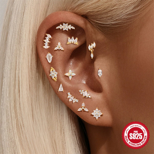 Wholesale S925 Sterling Silver Geometric Marquise Opal Diamondencrusted Unisex Threaded Piercing Earrings With Environmentally Friendly Electroplating