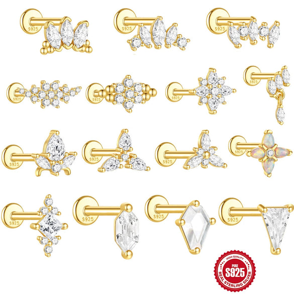 Wholesale S925 Sterling Silver Geometric Marquise Opal Diamondencrusted Unisex Threaded Piercing Earrings With Environmentally Friendly Electroplating