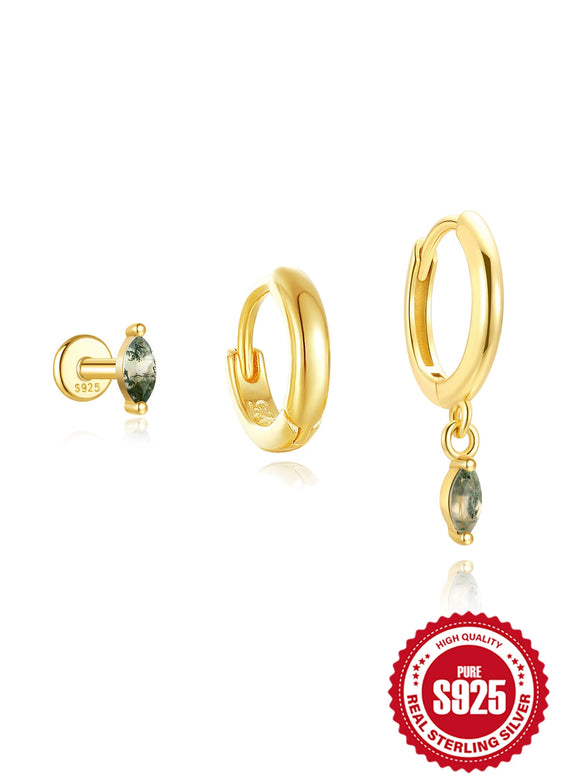 Wholesale S925 Sterling Silver Geometric Moss Agate Diamond Puncture Cartilage Earrings For Women With Electroplating Design
