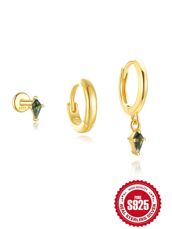 Wholesale S925 Sterling Silver Geometric Moss Agate Diamond Puncture Cartilage Earrings For Women With Electroplating Design