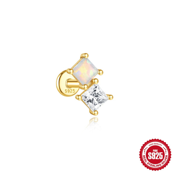 Wholesale S925 Sterling Silver Geometric Opal Diamond Flat Head Puncture Internal Thread Ear Bone Nail Earrings With Environmentally Friendly Plating