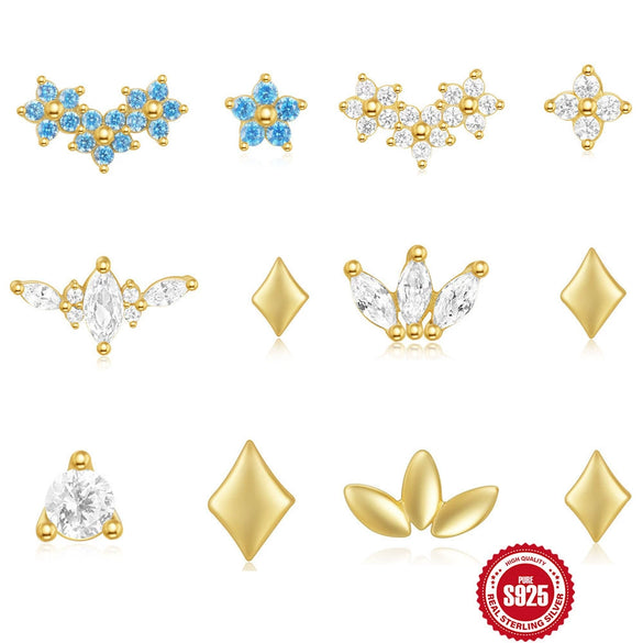 Wholesale S925 Sterling Silver Geometric Petals Snowflake Overlapped Doublesided Cartilage Thread Puncture Earrings With Environmental Protection Electroplating