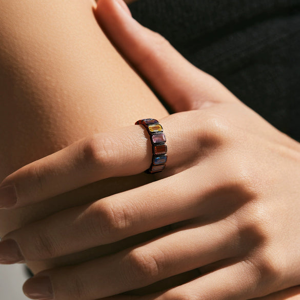 Wholesale S925 Sterling Silver Geometric Rainbow Square Ring For Women Electroplated Luxury Style