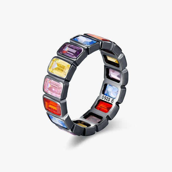 Wholesale S925 Sterling Silver Geometric Rainbow Square Ring For Women Electroplated Luxury Style