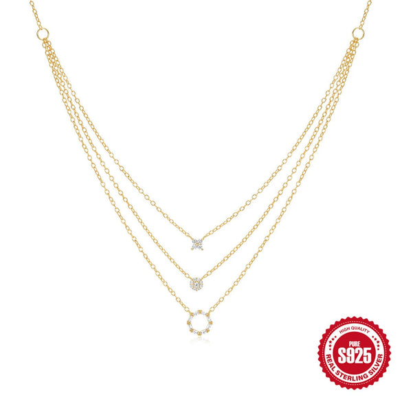 Wholesale S925 Sterling Silver Geometric Round Diamondencrusted Threelayer Stacked Collarbone Chain Electroplated Necklace For Women