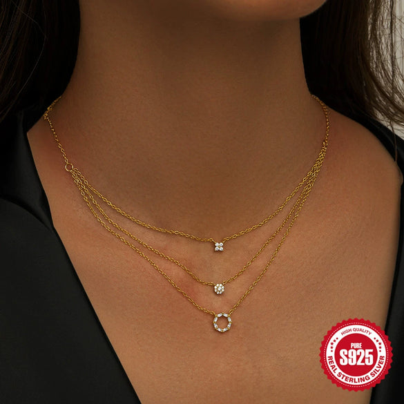 Wholesale S925 Sterling Silver Geometric Round Diamondencrusted Threelayer Stacked Collarbone Chain Electroplated Necklace For Women